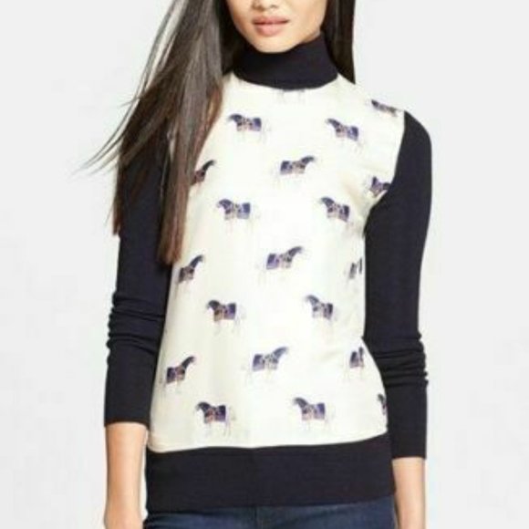 Tory Burch Etty Horse Pony Print Silk & Wool Lightweight Sweater Medium H11972 - Picture 9 of 12